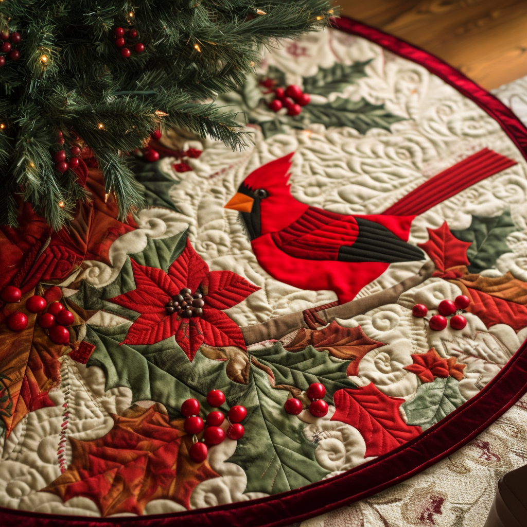 Christmas Cardinal Elegance Quilted Christmas Tree Skirt Holiday Home Decor Cardinal Bird Gifts