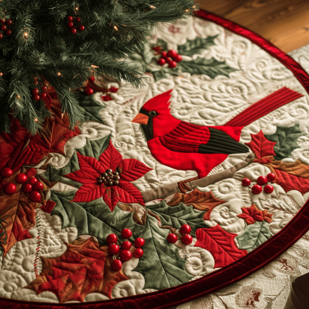 Christmas Cardinal Elegance Quilted Christmas Tree Skirt Xmas Tree Decor Cardinal Lover Gifts