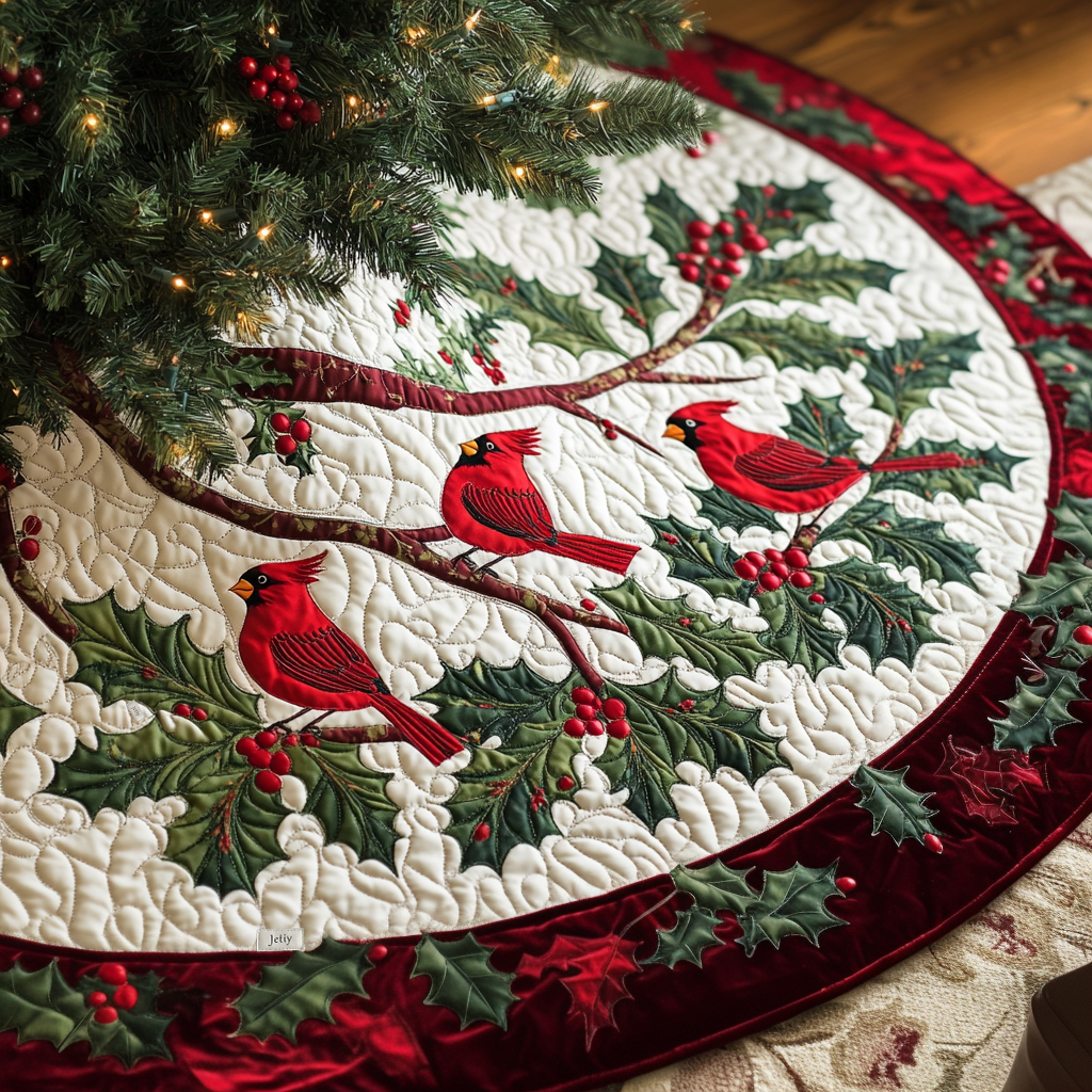 Christmas Cardinal Quilted Christmas Tree Skirt Xmas Tree Base Cover Christmas Presents For Mom