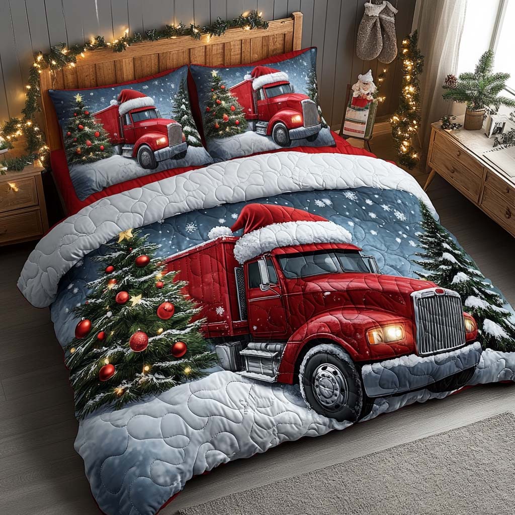 Christmas Cargo Ride Quilted Bedding Set Holiday Duvet Cover Set Family Gift Ideas For Xmas