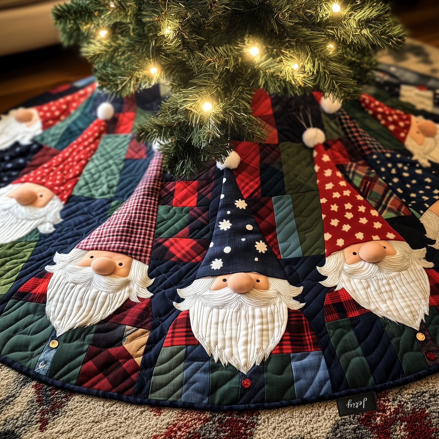 Christmas Carousel Quilted Christmas Tree Skirt Winter Holiday Decor Funny Gnome Gifts