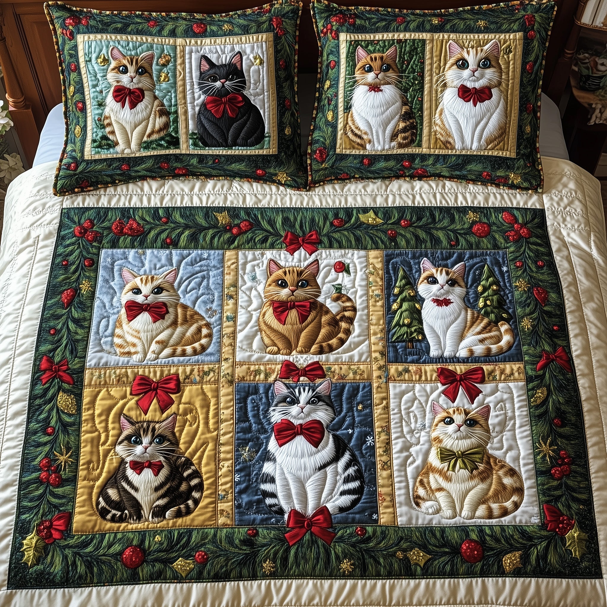 Christmas Cat Quilted Bedding Set Duvet Cover Bedspread Best Cat Gifts For Friends