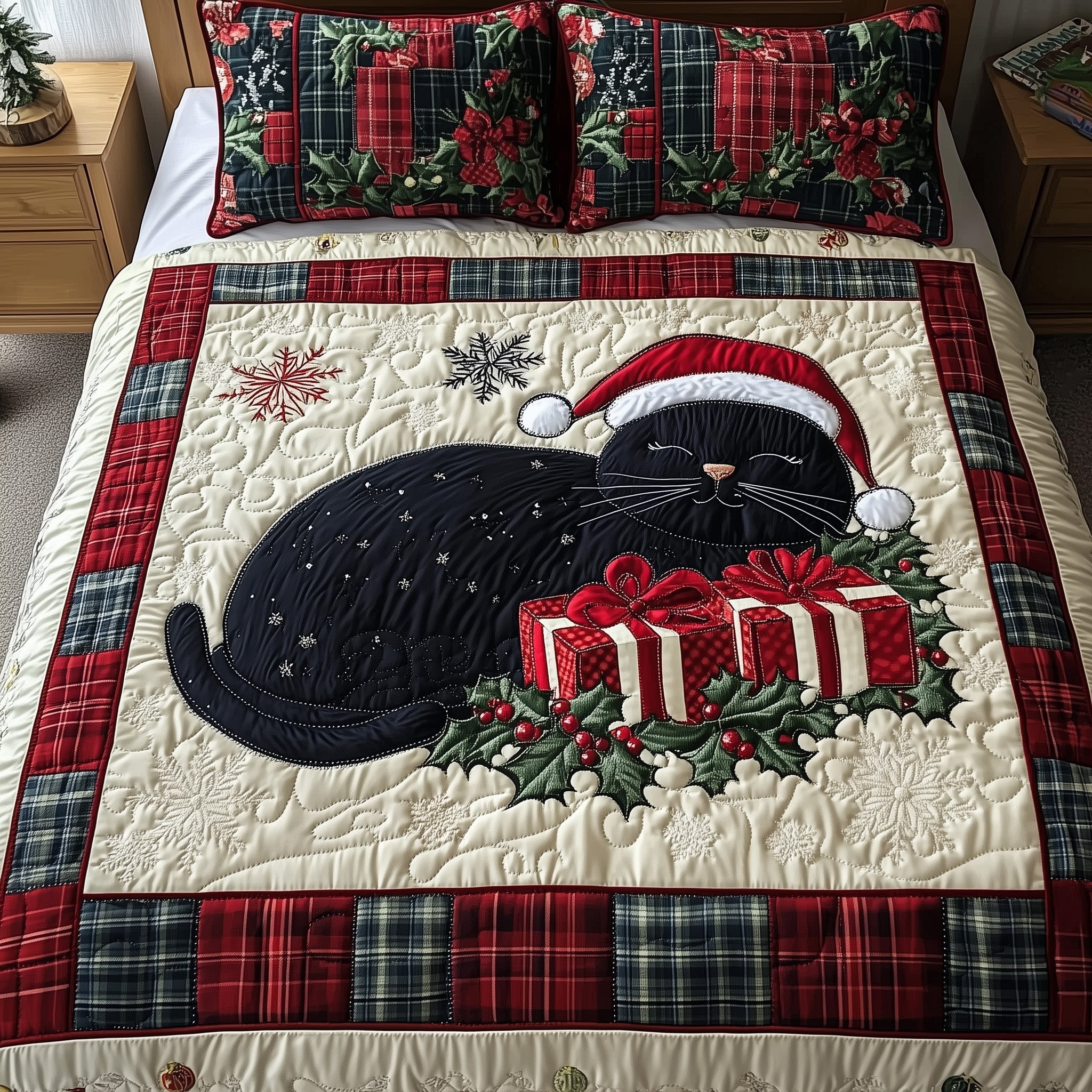 Christmas Cat Quilted Bedding Set Duvet Cover Bedspread Best Xmas Gifts