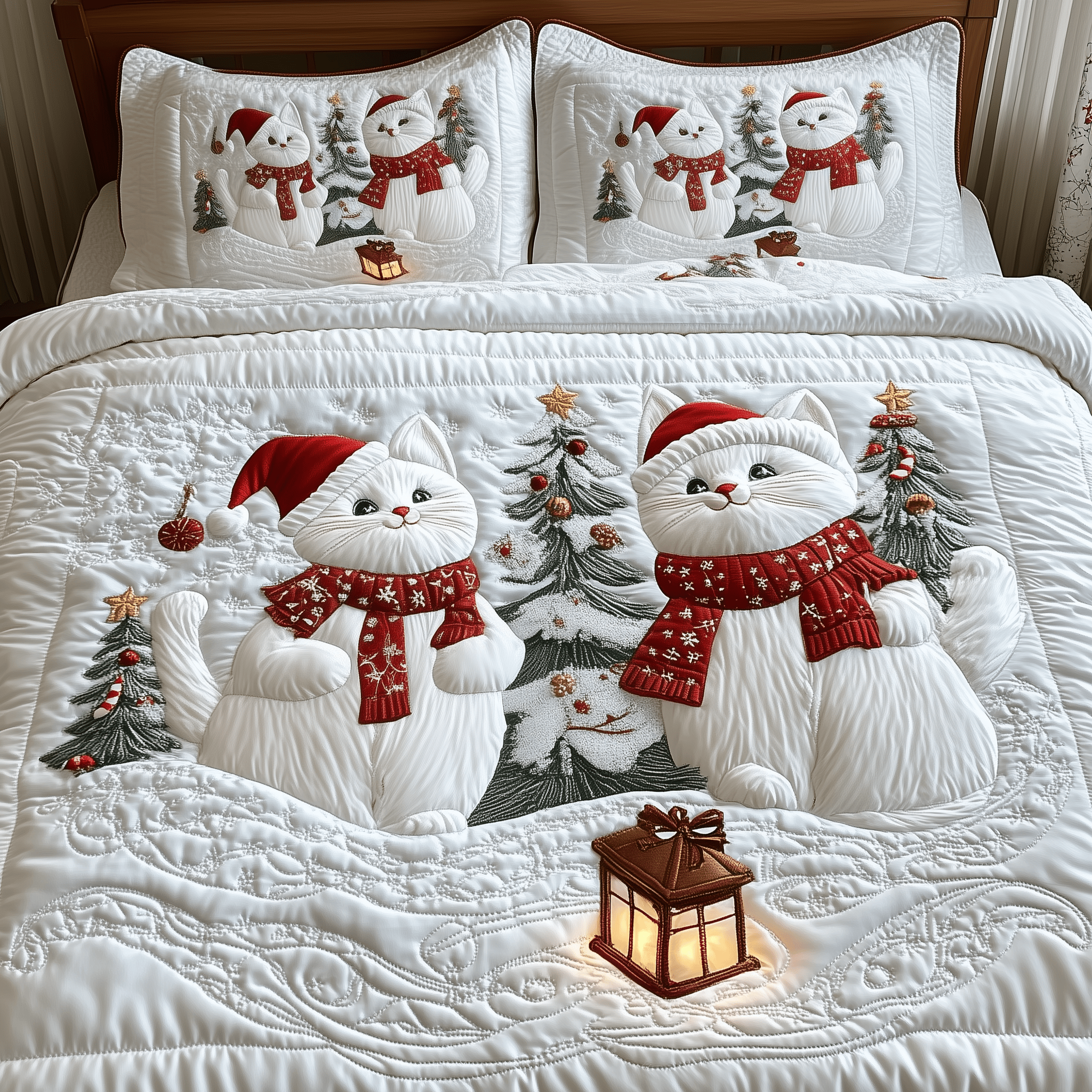 Christmas Cat Quilted Bedding Set Gift For Cat Lover Man