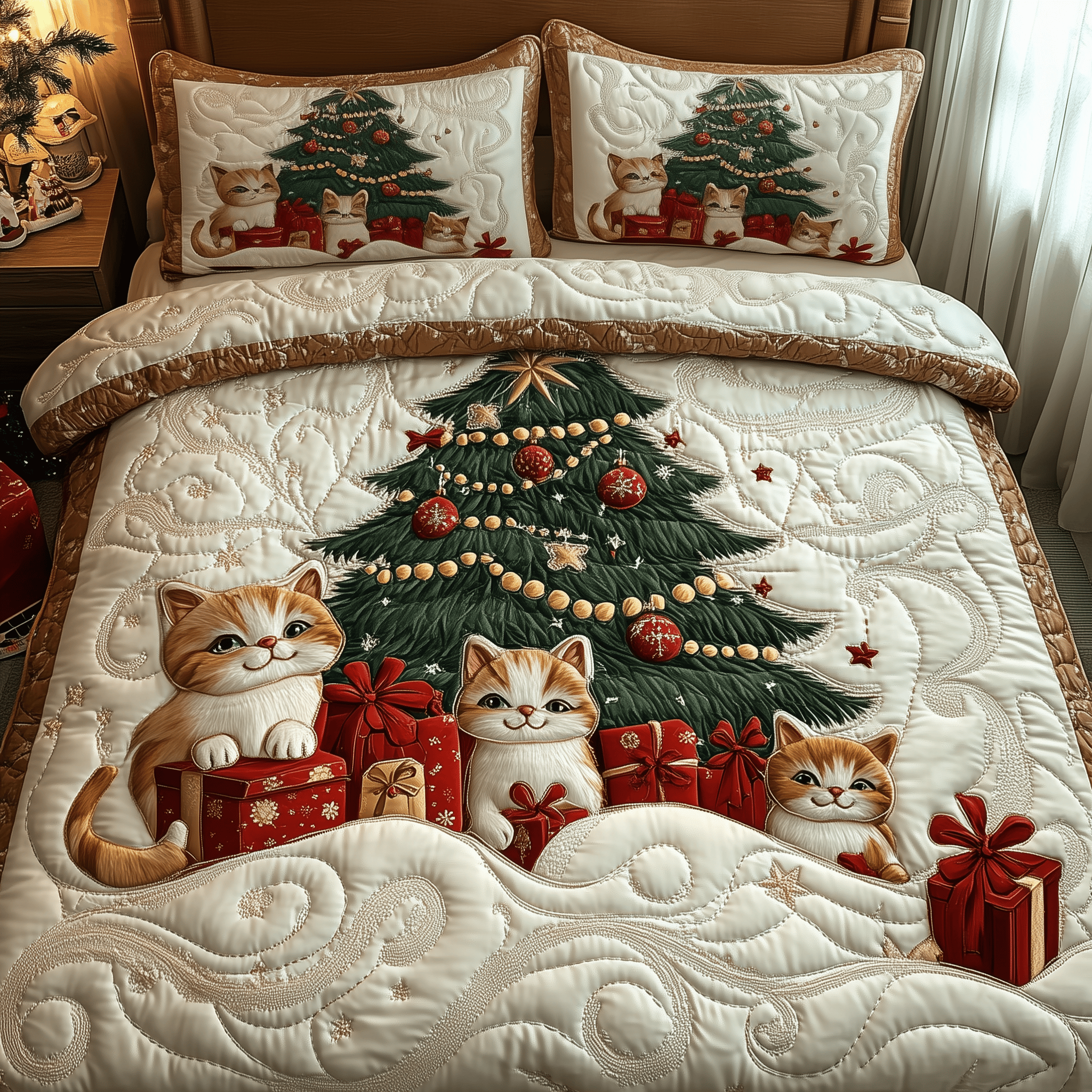 Christmas Cat Quilted Bedding Set Gifts For Cat Parents