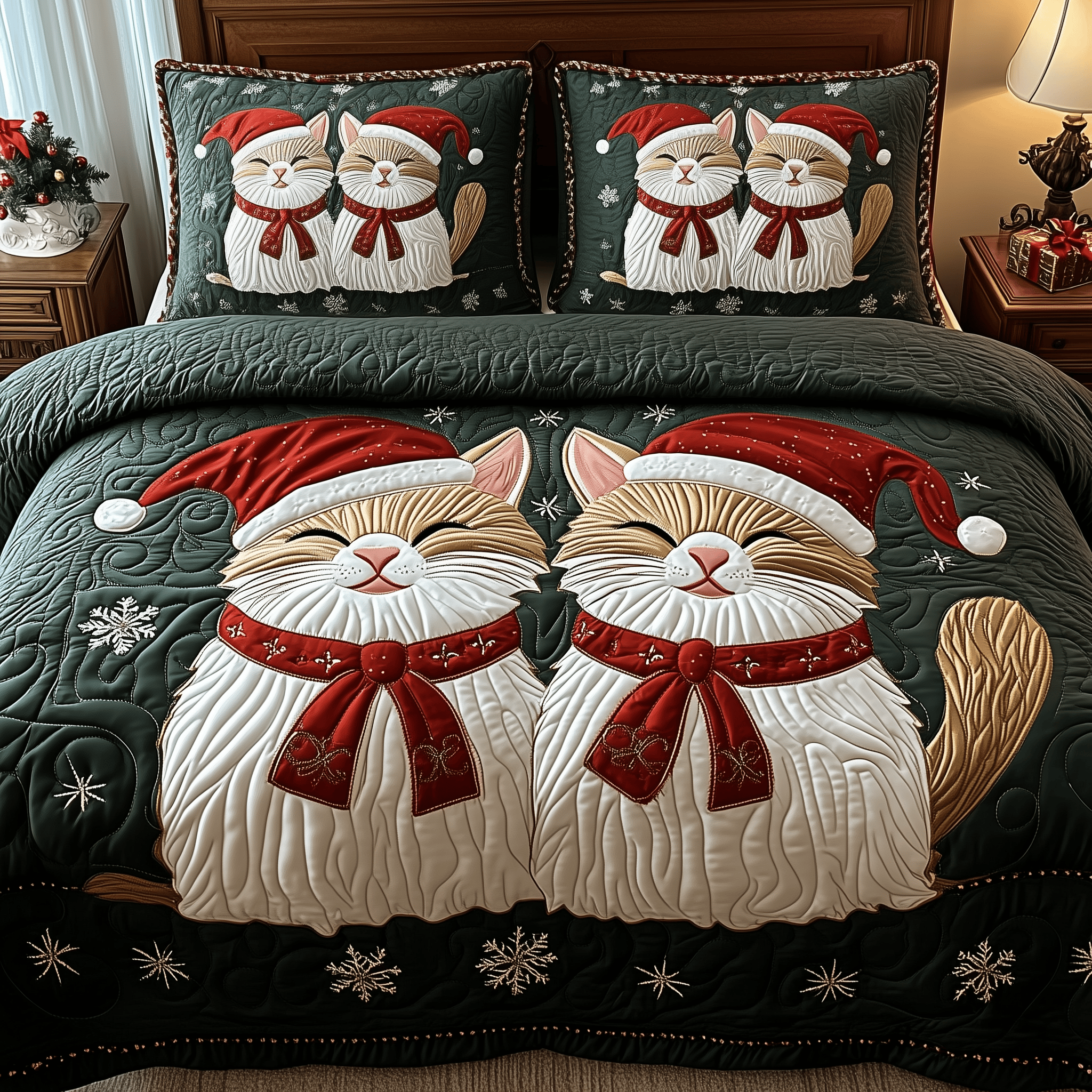 Christmas Cat Quilted Bedding Set Gifts For Men Who Love Cats