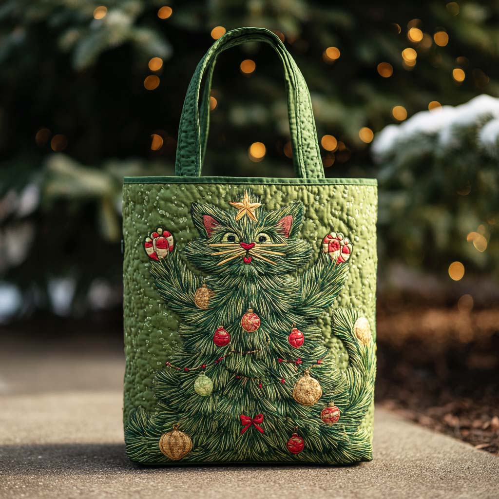 Christmas Cat Quilted Tote Bag Cat Lover Things