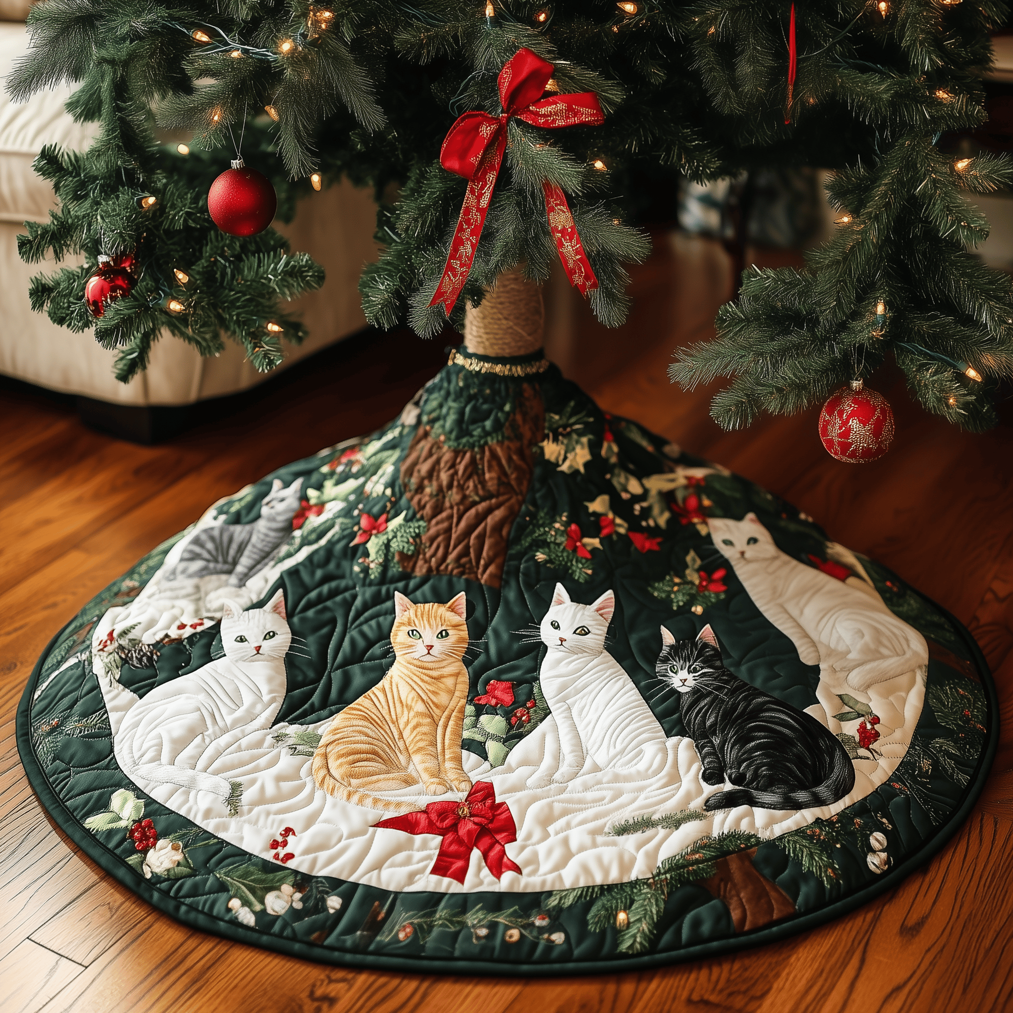 Christmas Cat Quilted Tree Skirt Decorations Themed Christmas Gift Ideas For Cat Lovers