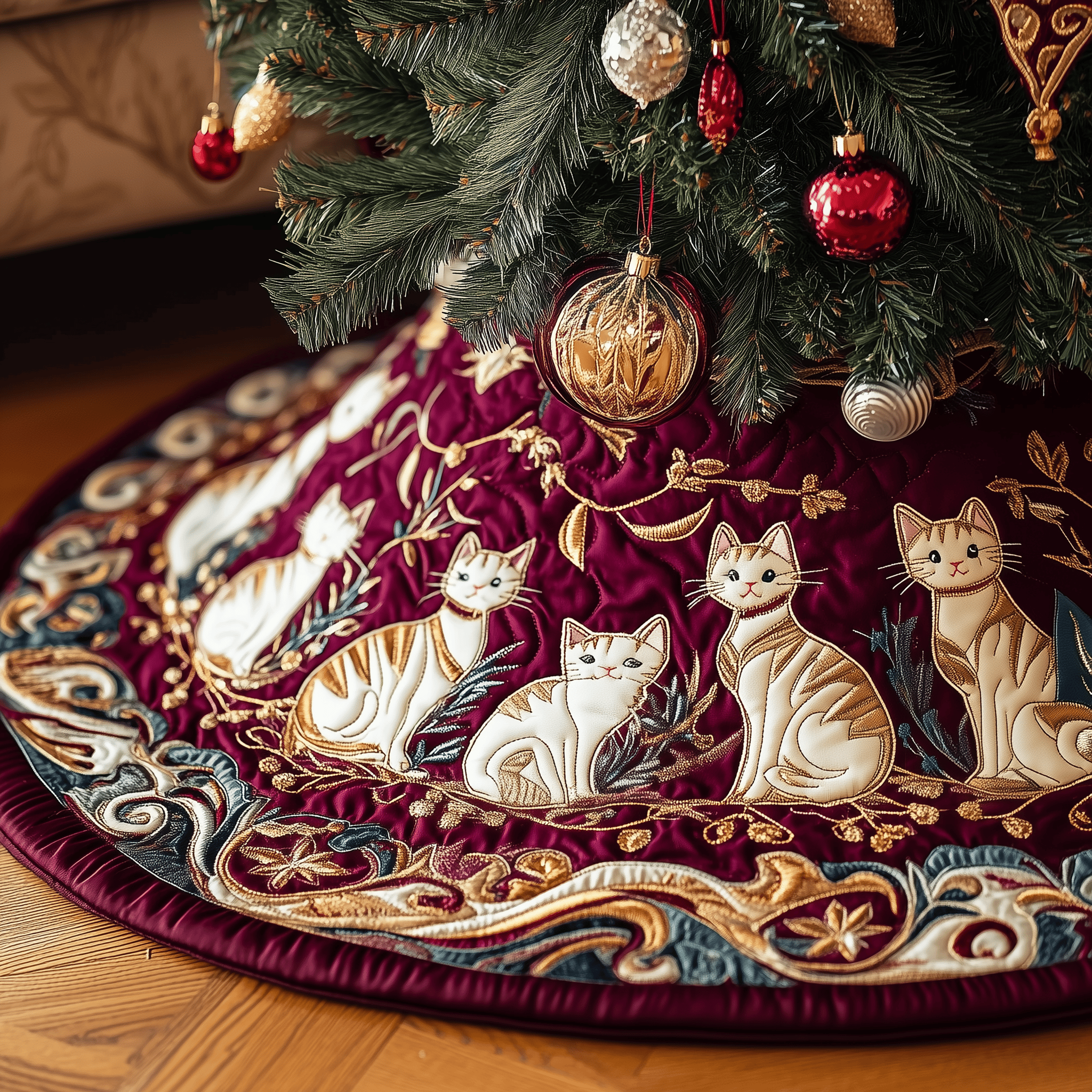 Christmas Cat Quilted Tree Skirt Holiday Cute Christmas Tree Skirts Christmas Gifts For Daughter From Mom