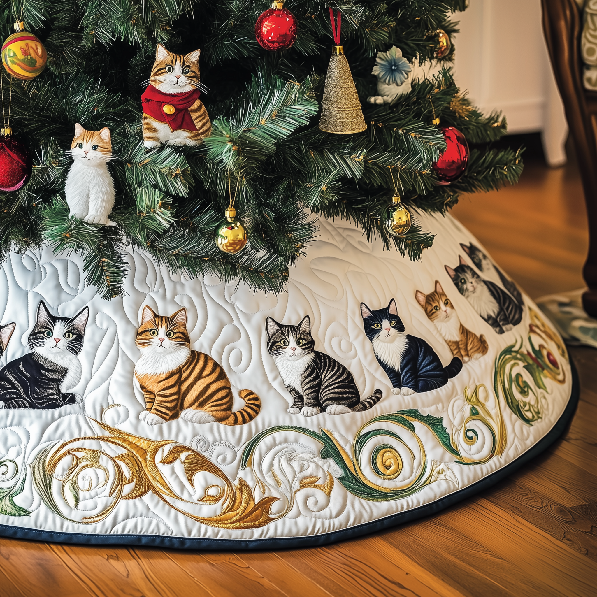 Christmas Cat Quilted Tree Skirt Merch For Friends