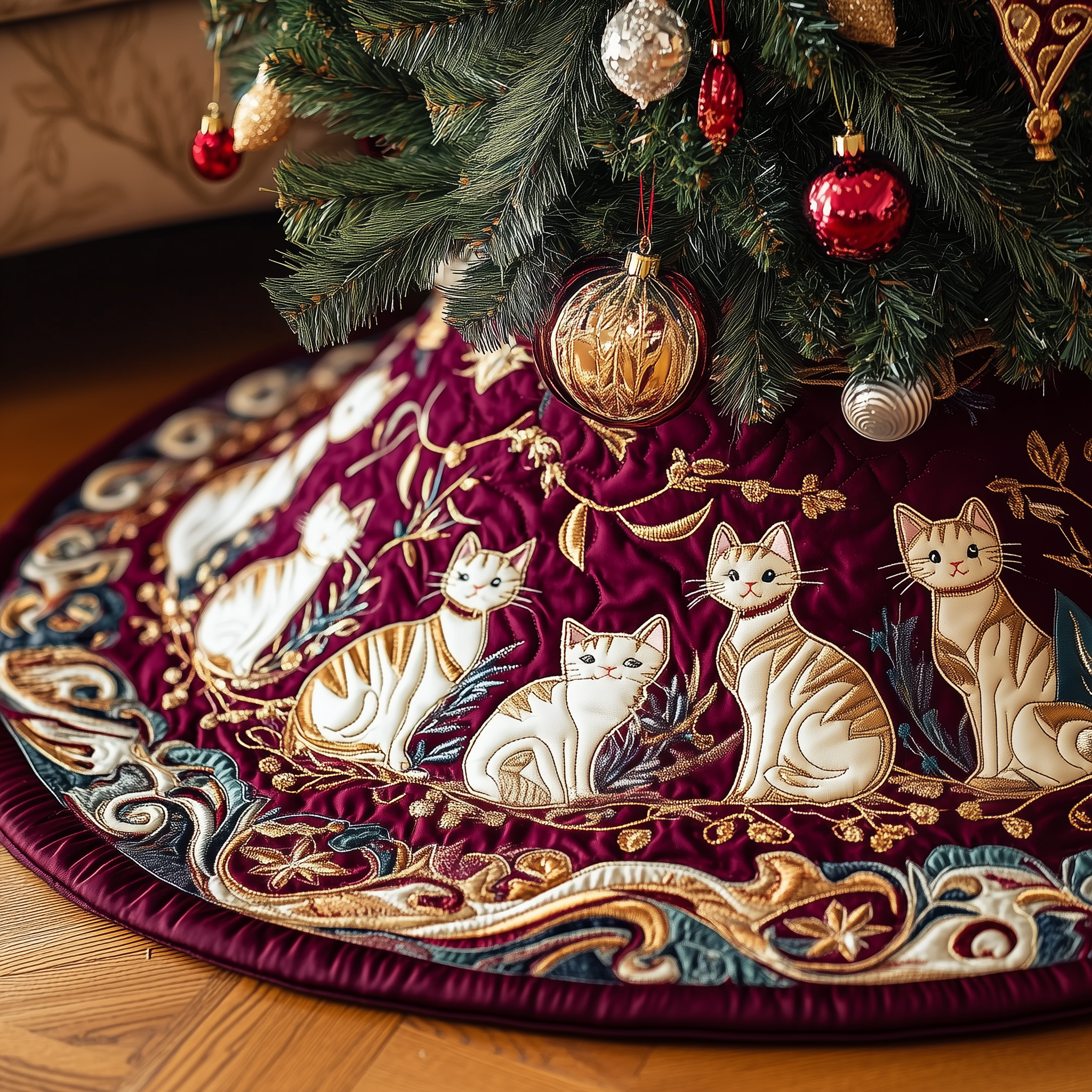 Christmas Cat Quilted Tree Skirt Merch For Home And Bedroom