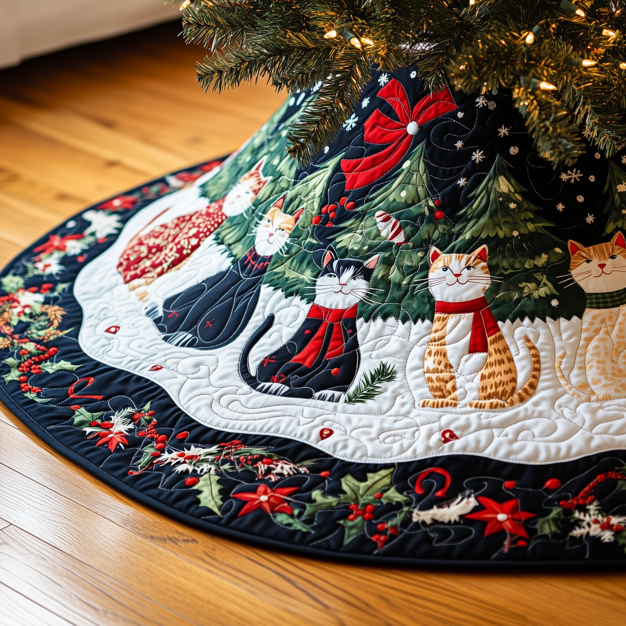 Christmas Cat Quilted Tree Skirt Summer Merch Vibes