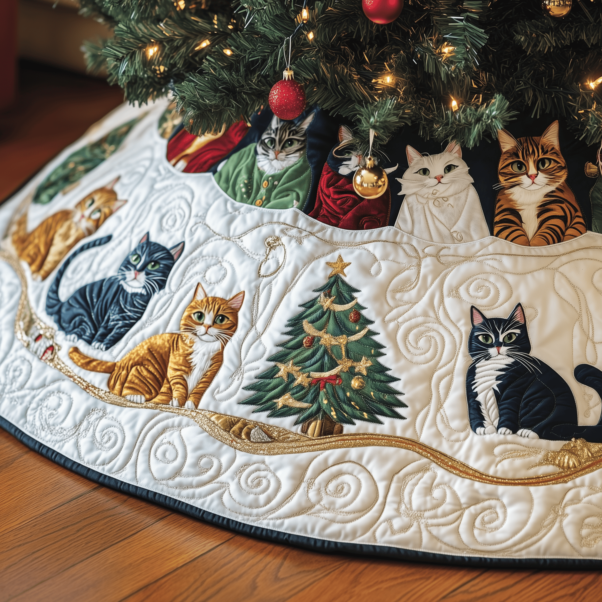 Christmas Cat Quilted Tree Skirt Xmas Tree Indoor Decorations Cat Mom Christmas Gifts