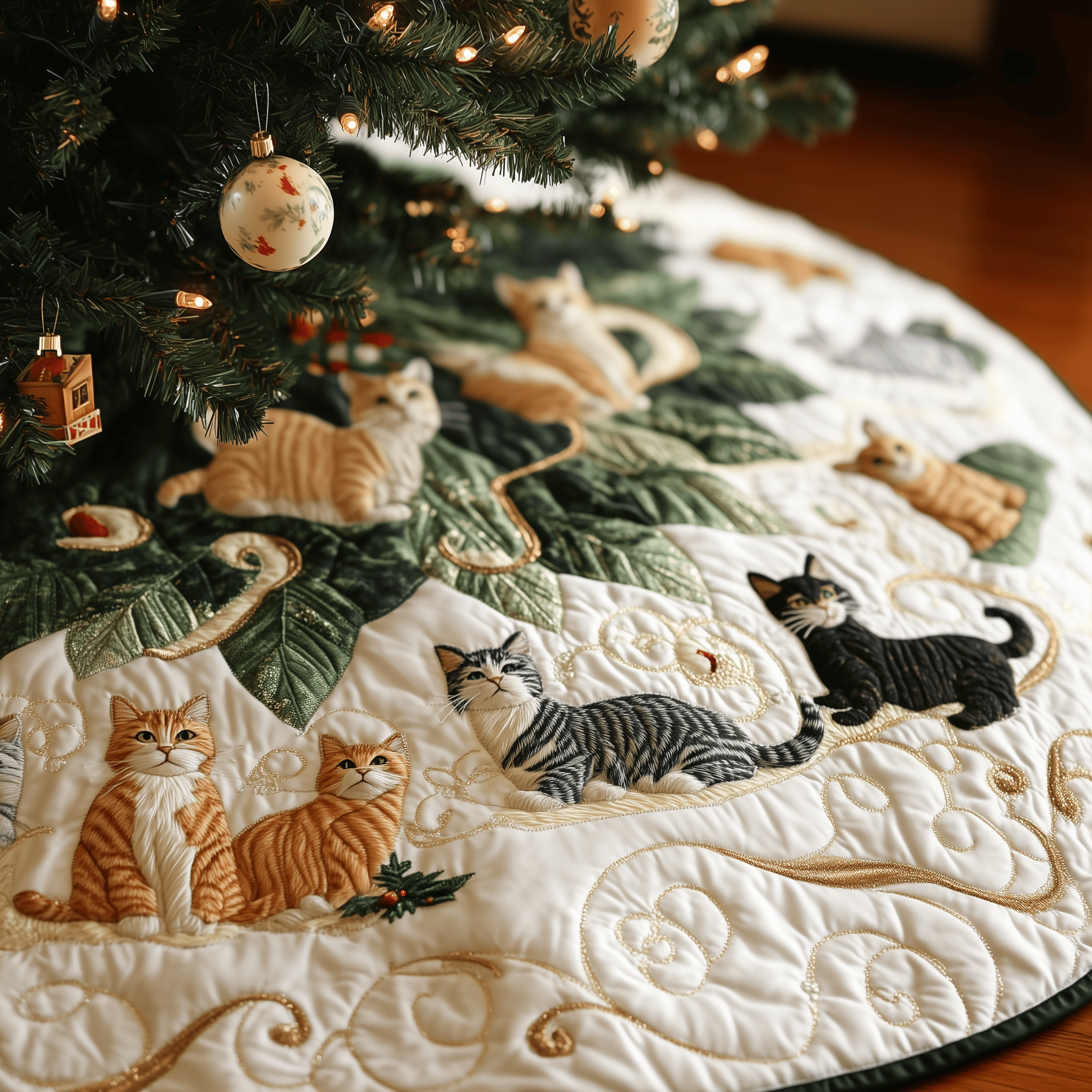 Christmas Cat Quilted Tree Skirt Xmas Tree Indoor Decorations Cat Mom Christmas Gifts