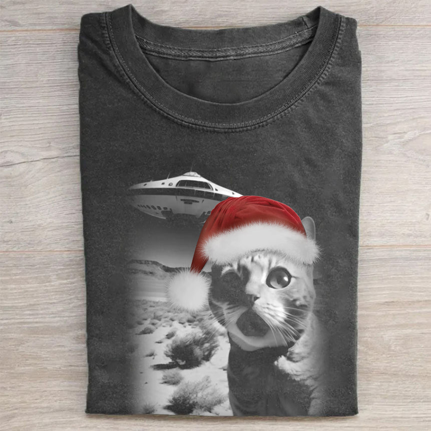 Christmas Cat Selfie With UFO Art Acid T-Shirt Cute Holiday Cat Merch Best Gift For Animal Lovers