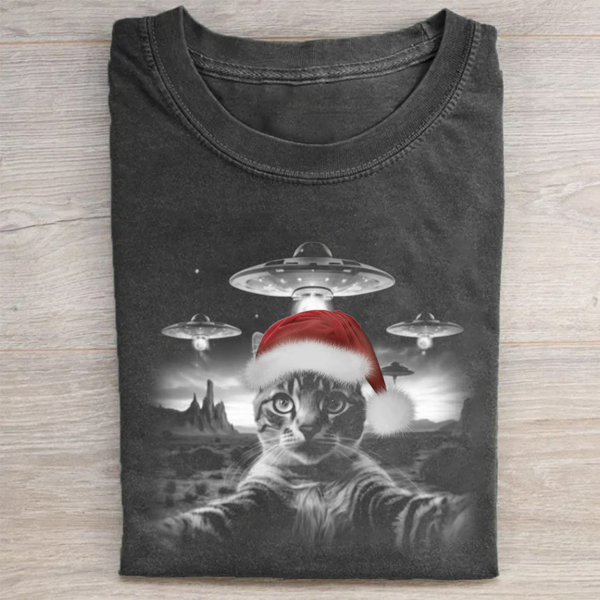 Christmas Cat Selfie With UFO Art Acid T-Shirt Funny Cat Merch Best Gift For Pet Owners