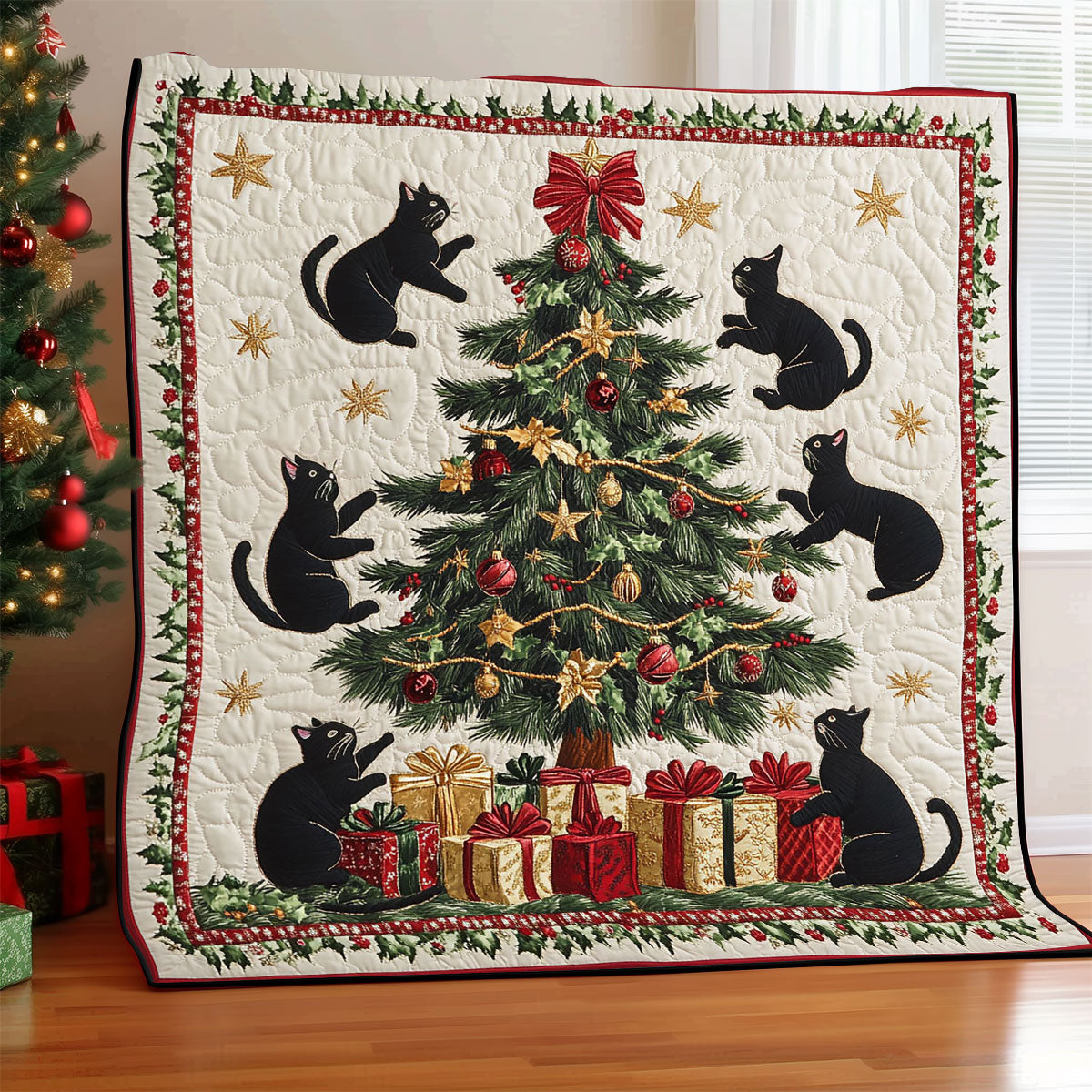 Christmas Cat Tree Quilt Blanket King Size Blanket Christmas Gifts For Cat Lovers