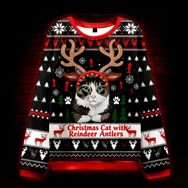 Christmas Cat With Reindeer Antlers Ugly Christmas Sweater Funny Xmas Gifts For Cat Lovers