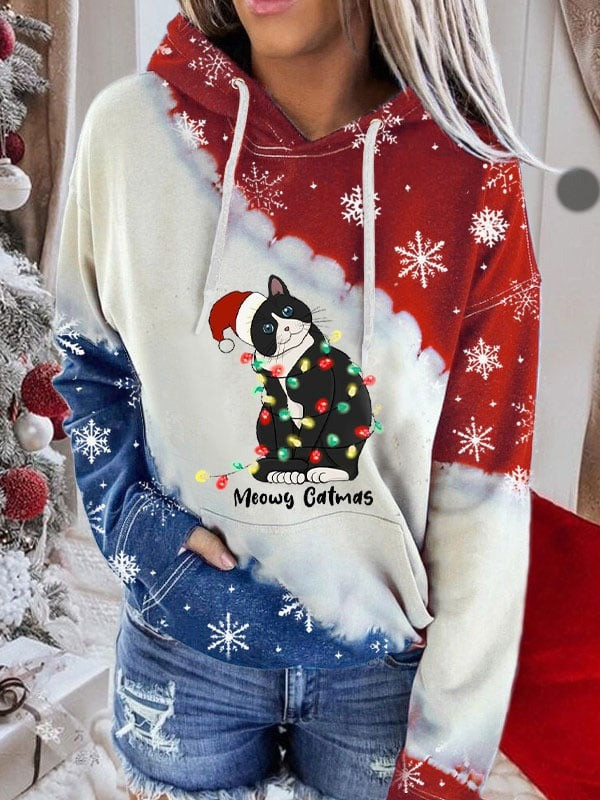 Christmas Cat With String Lights Hoodie Meowy Catmas Snowflake Clothes Gifts For Cat Lovers