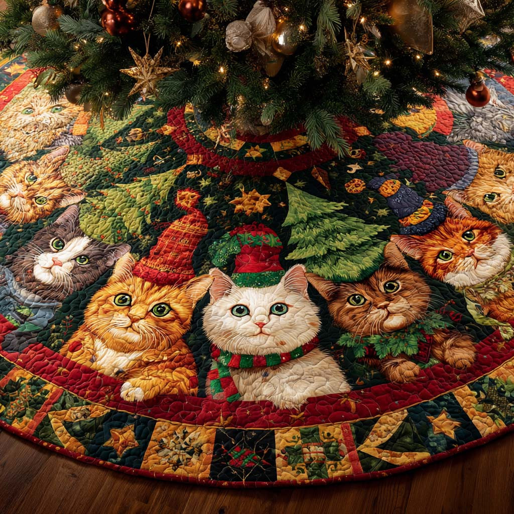 Christmas Cat Wreath Quilted Tree Skirt Pet Themed Christmas Gifts For Cat Lovers
