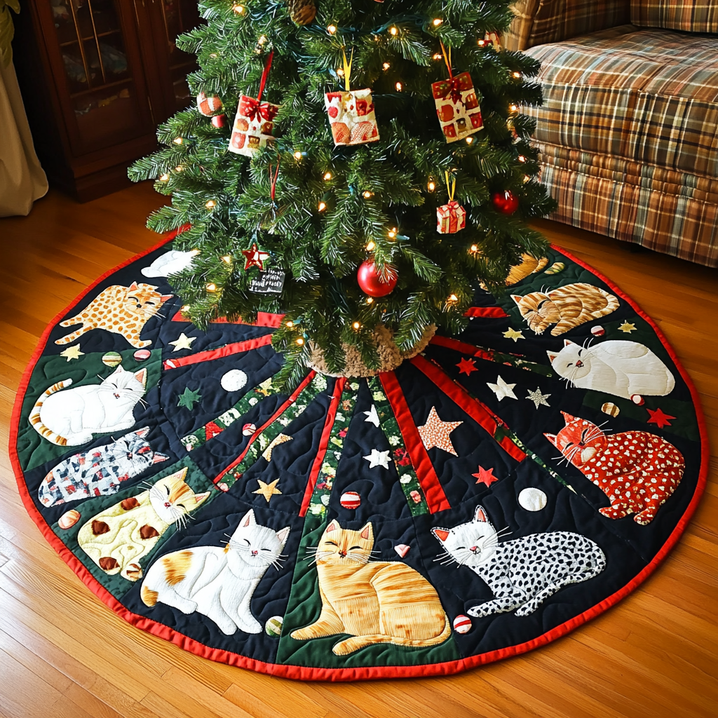 Christmas Catnip Cheer Christmas Quilted Tree Skirt Holiday Living Room Decor Winter Holiday Decor