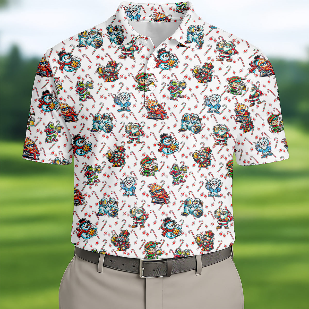 Christmas Character Beer Candy Cane Pattern Golf Polo Shirt Unique Golf Clothing Dad Birthday Gift