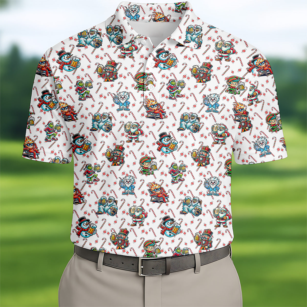 Christmas Character Beer Candy Cane Pattern Golf Tops For Men Christmas Golf Shirt Polo Shirts For Men