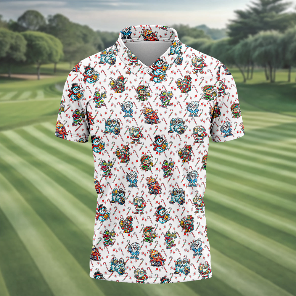 Christmas Character Beer Candy Cane Pattern Golf Tops For Men Christmas Golf Shirt Polo Shirts For Mens