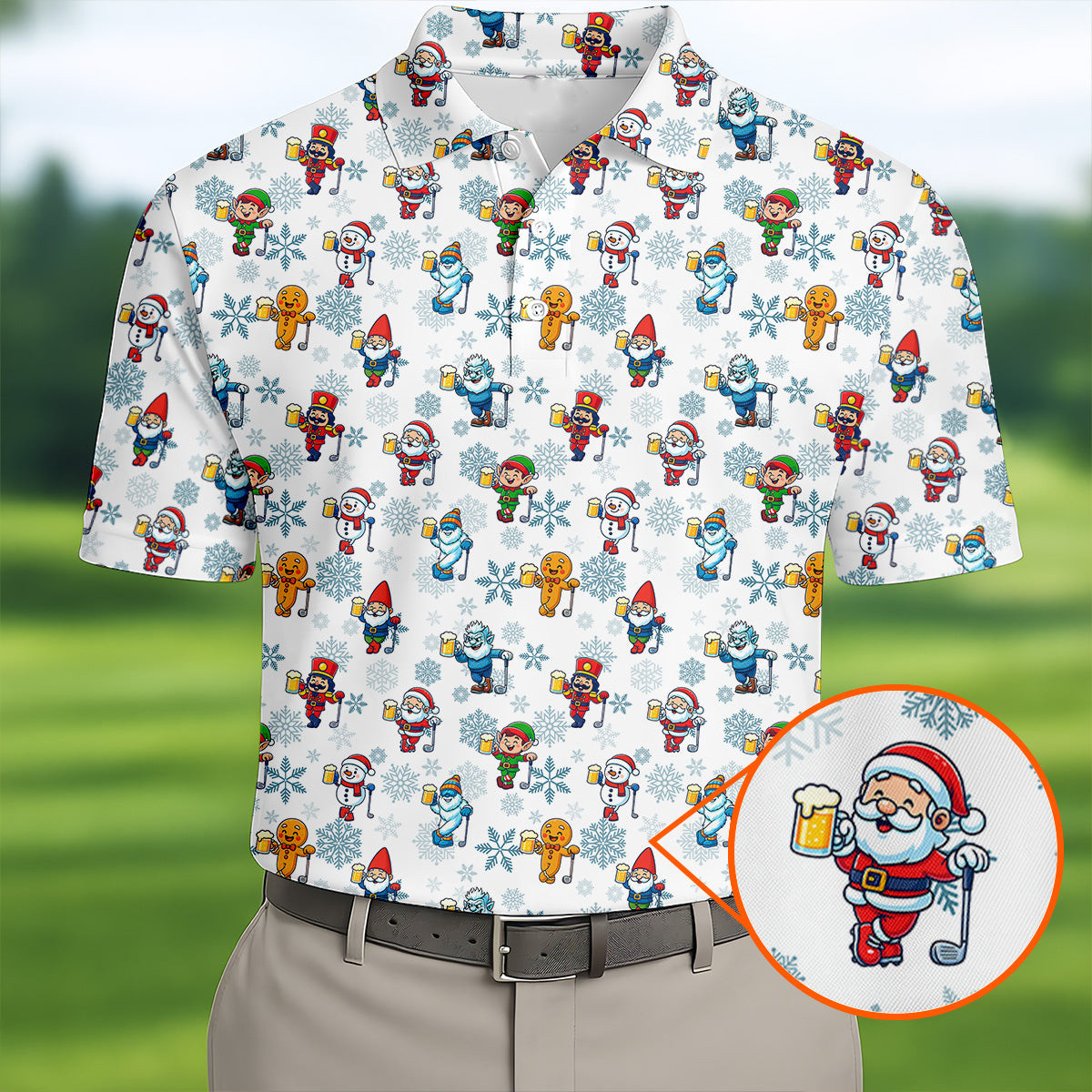 Christmas Characters Golf And Beer Golf Polo Shirt Funny Golf Shirt Father's Day Gift For Xmas