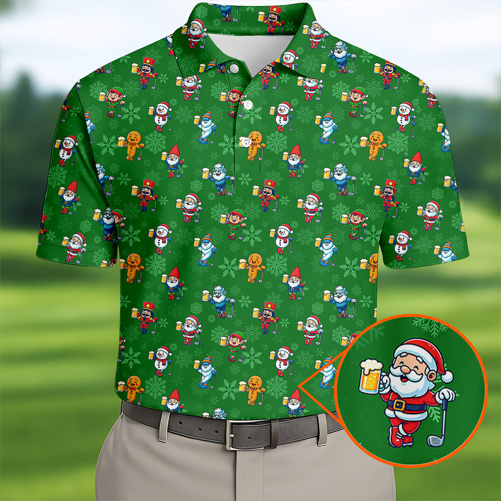 Christmas Characters Golf And Beer Green Men S Funny Golf Shirts Christmas Golf Shirt Polo Shirts For Men
