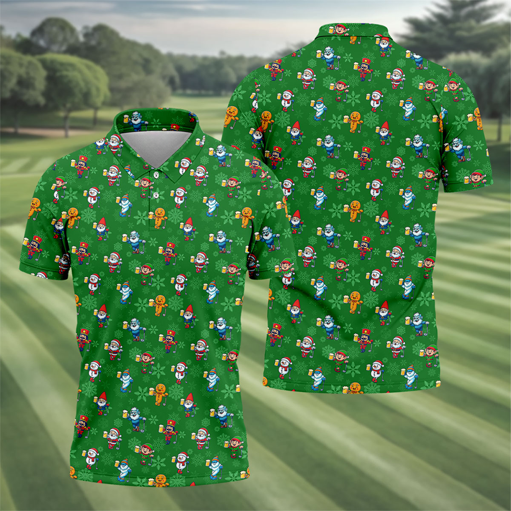 Christmas Characters Golf And Beer Green Men S Funny Golf Shirts Christmas Golf Shirt Polo Shirts For Mens