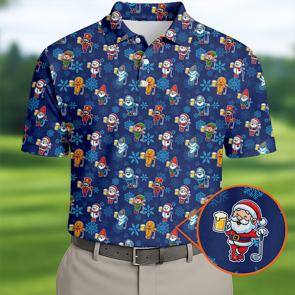 Christmas Characters Golf And Beer Navy Men S Funny Golf Shirts Christmas Golf Shirt Polo Shirts For Men