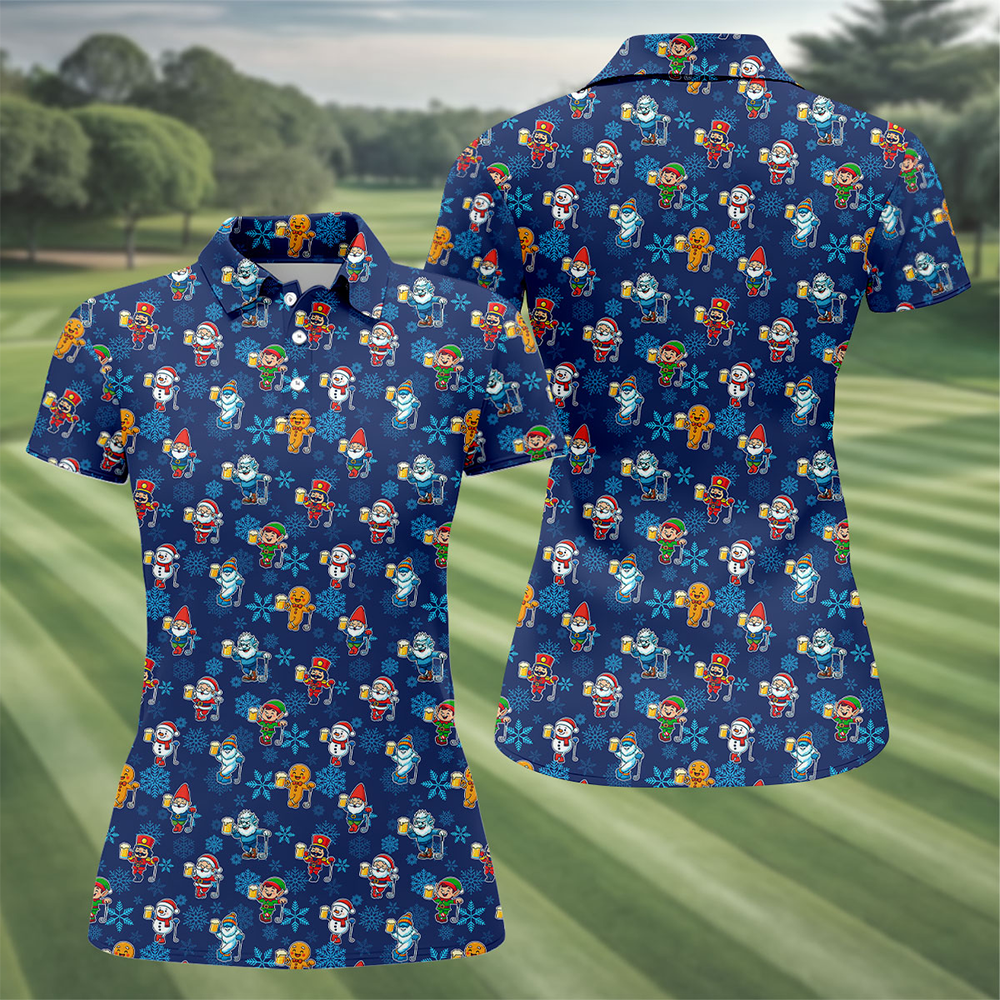 Christmas Characters Golf And Beer Polo Shirt Winter Apparel Golf Tops Christmas Gifts For Wife