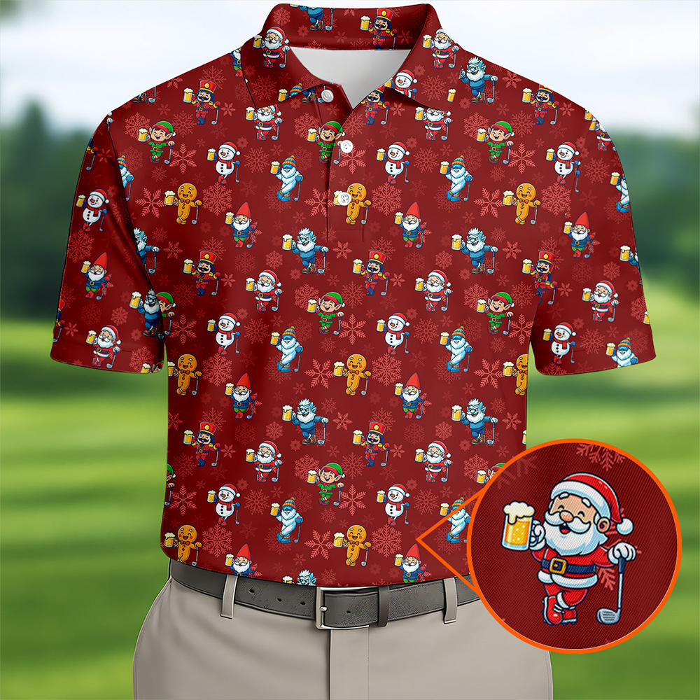 Christmas Characters Golf And Beer Red Men S Funny Golf Shirts Christmas Golf Shirt Polo Shirts For Men