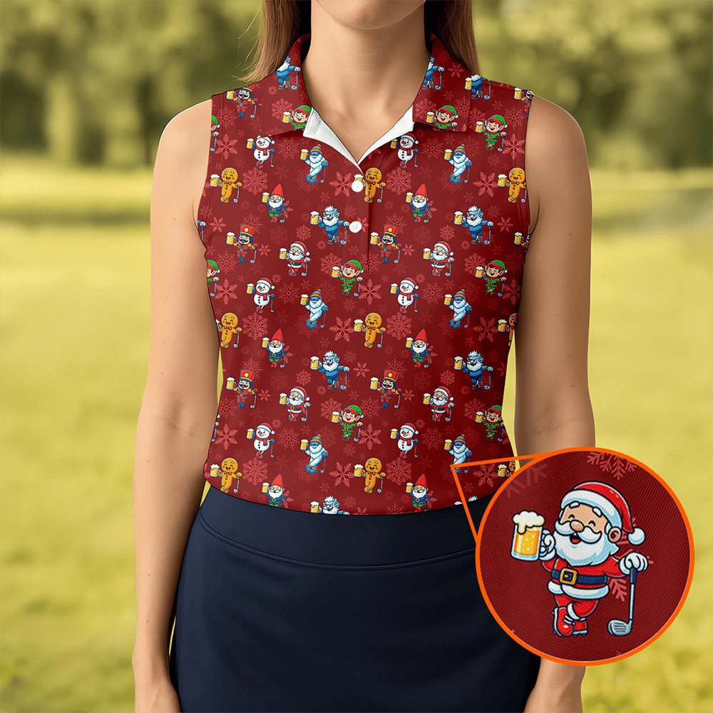 Christmas Characters Golf And Beer Red Women S Funny Golf Shirts Christmas Golf Shirt Polo Shirts For Women