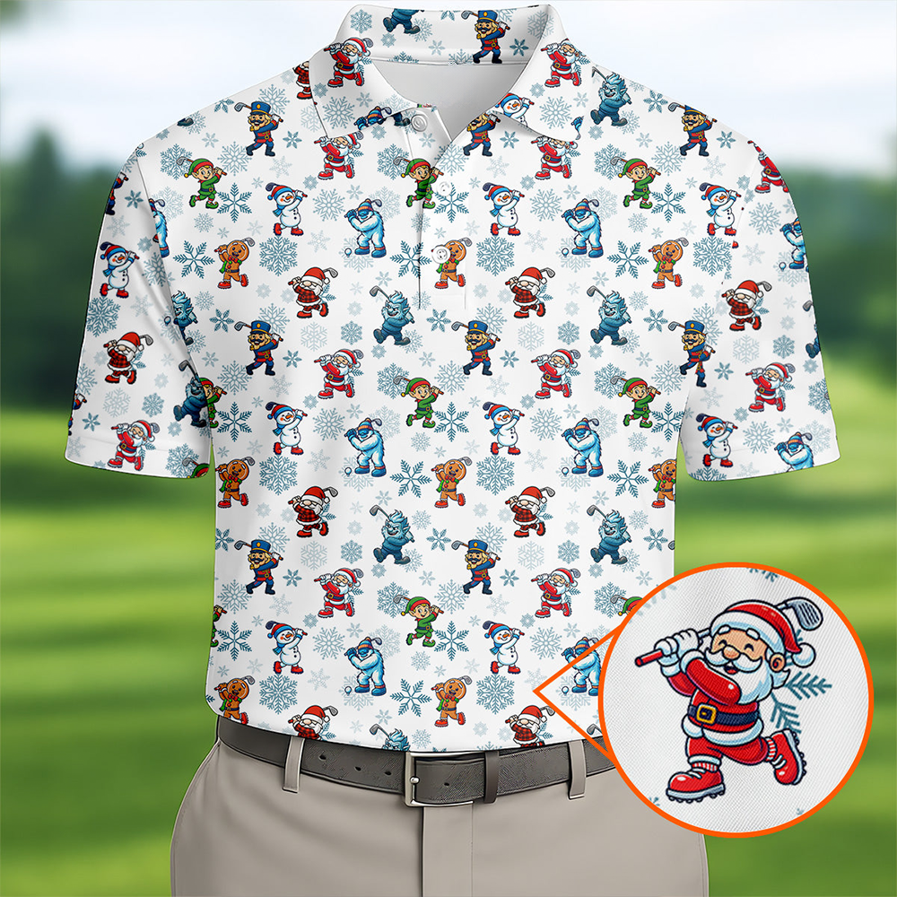 Christmas Characters Golf Pose Men S Funny Golf Shirts Christmas Golf Shirt Polo Shirts For Men