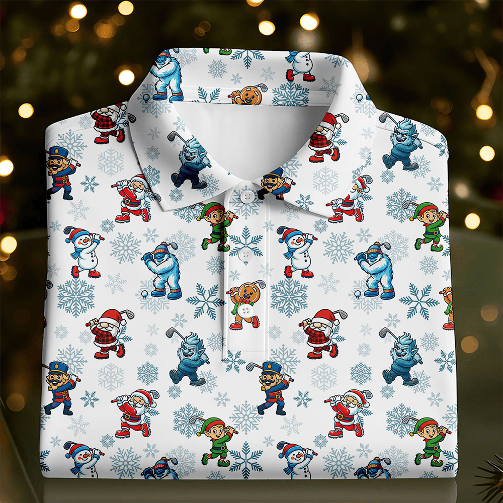 Christmas Characters Golf Pose Polo Shirt Winter Apparel Sport Themed Golf Shirt For Men