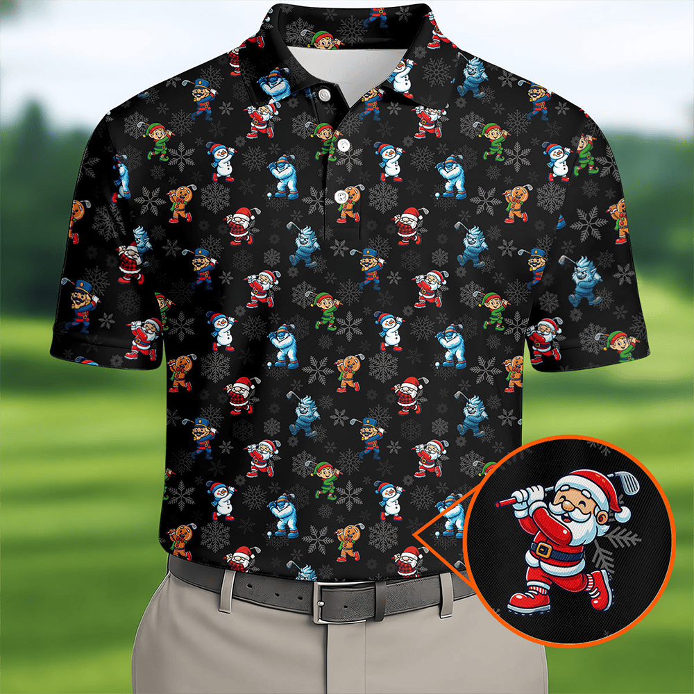 Christmas Characters Golf Pose Polo Shirt Winter Apparel Sport Themed Golf Shirt Santa Gift Ideas