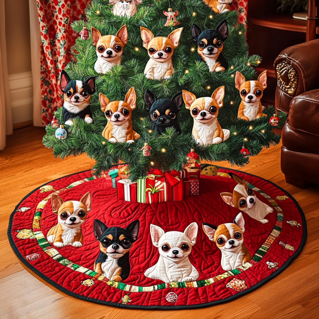 Christmas Chihuahua Magic Chritstmas Quilted Tree Skirt Charming Tree Skirt for Family Gatherings