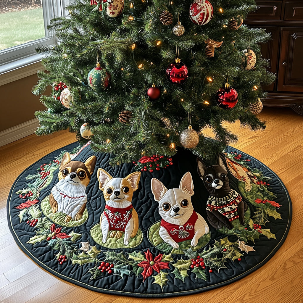 Christmas Chihuahua Magic Quilted Christmas Tree Skirt Cover For Xmas Tree Base Chihuahua Gifts Items