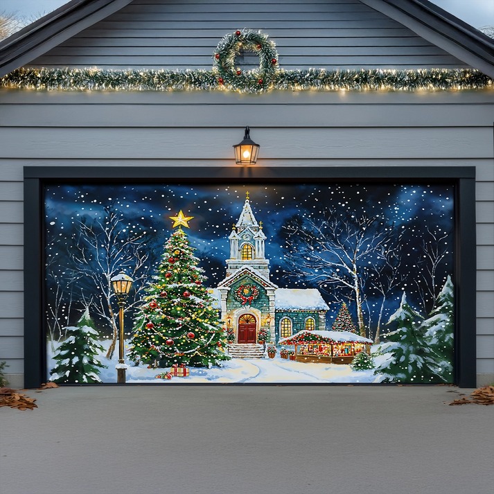 Christmas Church Scene Garage Door Cover Snowy Night Holiday Outdoor Home Decoration