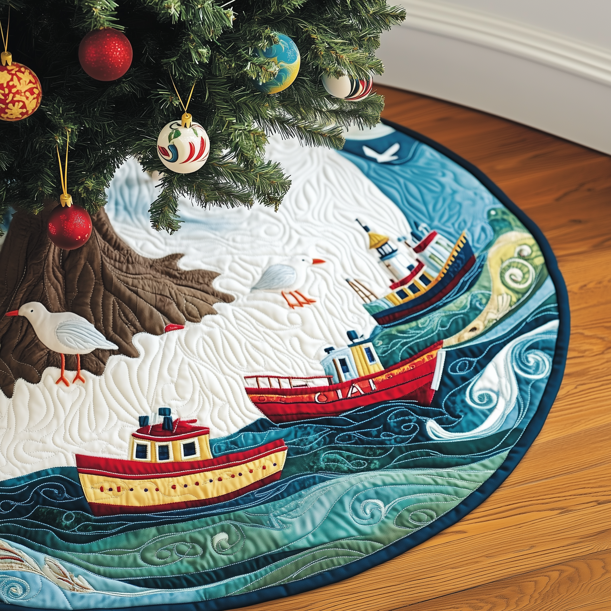Christmas Coastal Quilted Tree Skirt Festive Tree Base Cover Festive Christmas Home Styling