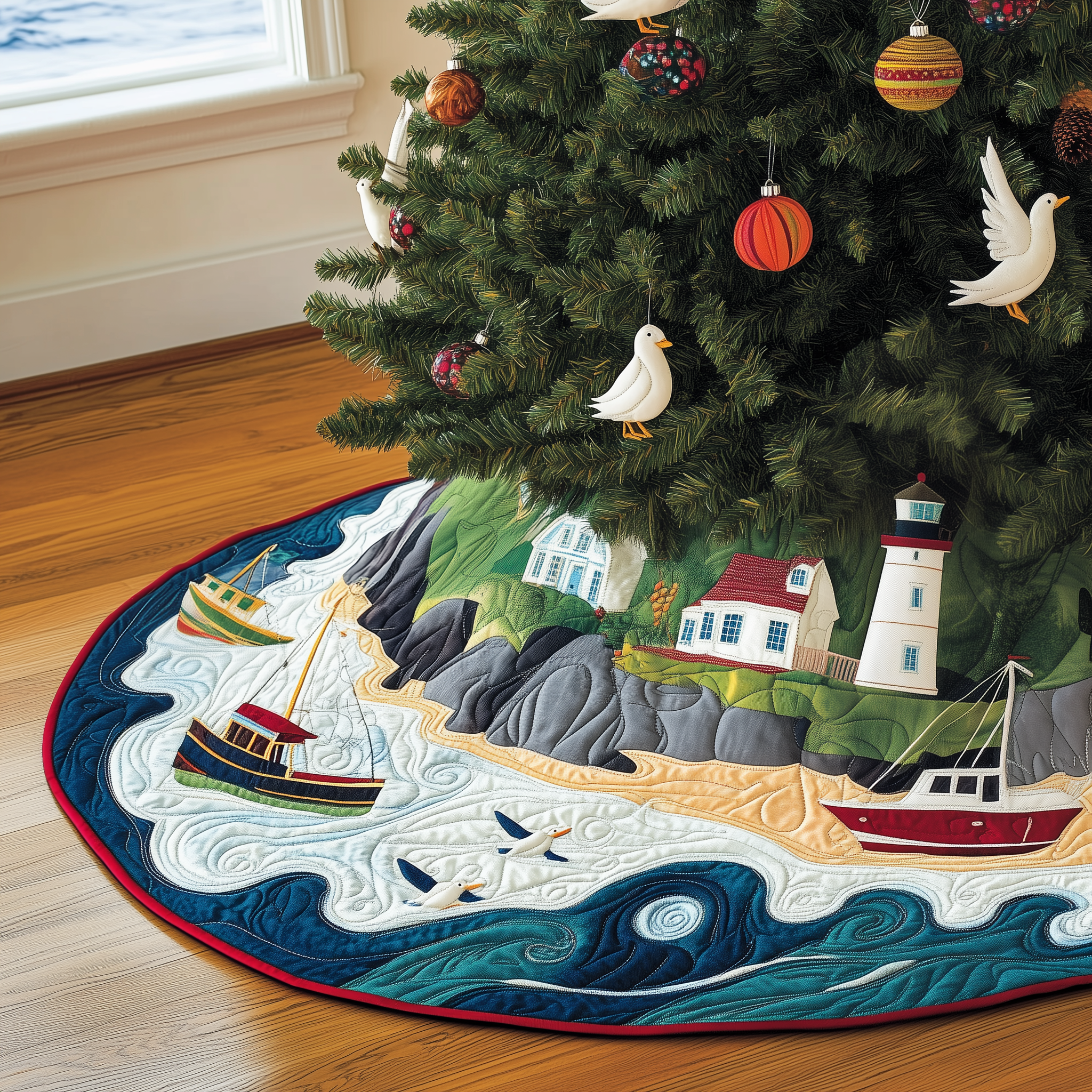 Christmas Coastal Quilted Tree Skirt Holiday Tree Base Decoration Family Holiday Gathering Decor