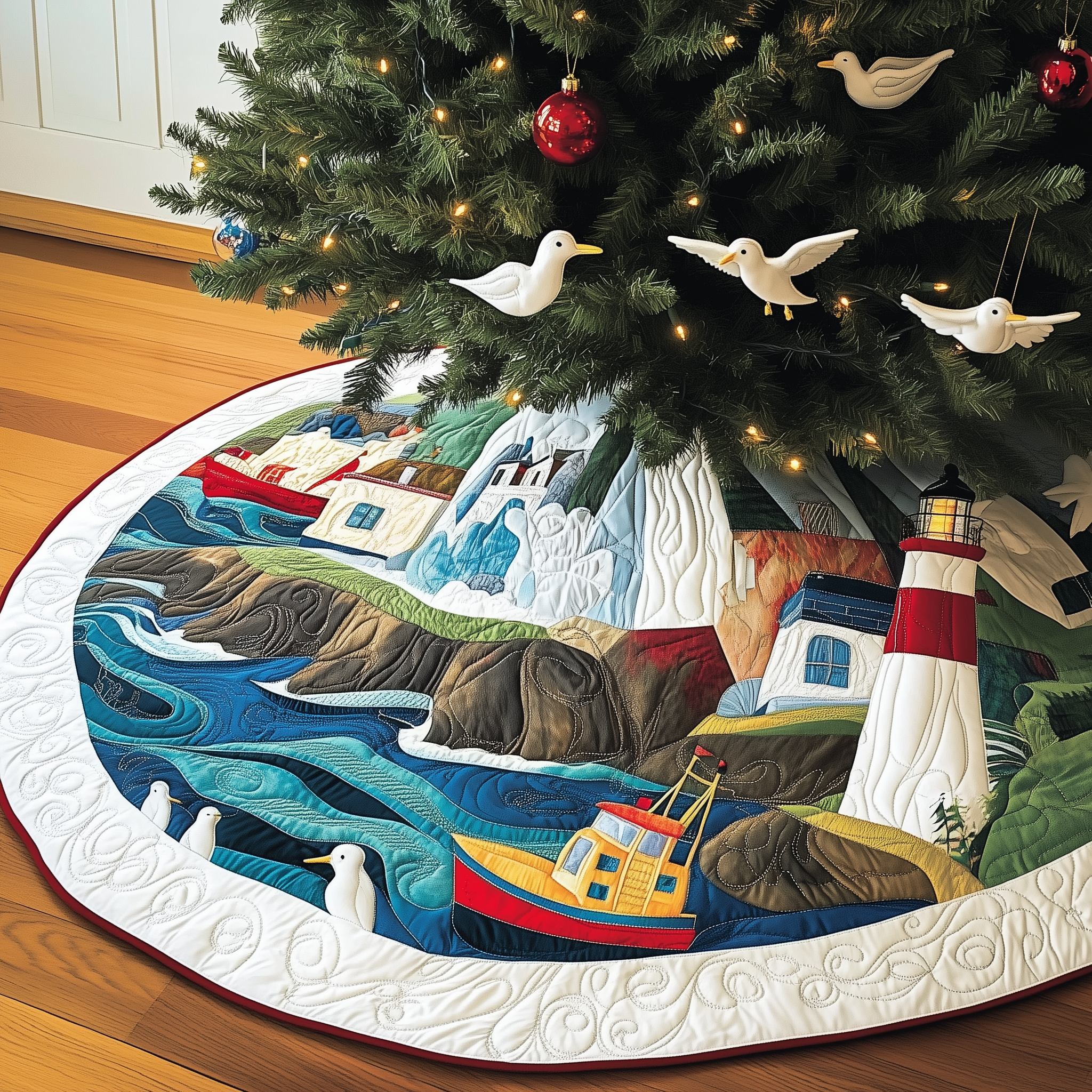 Christmas Coastal Quilted Tree Skirt Winter Holiday Decor Holiday Living Room Decor