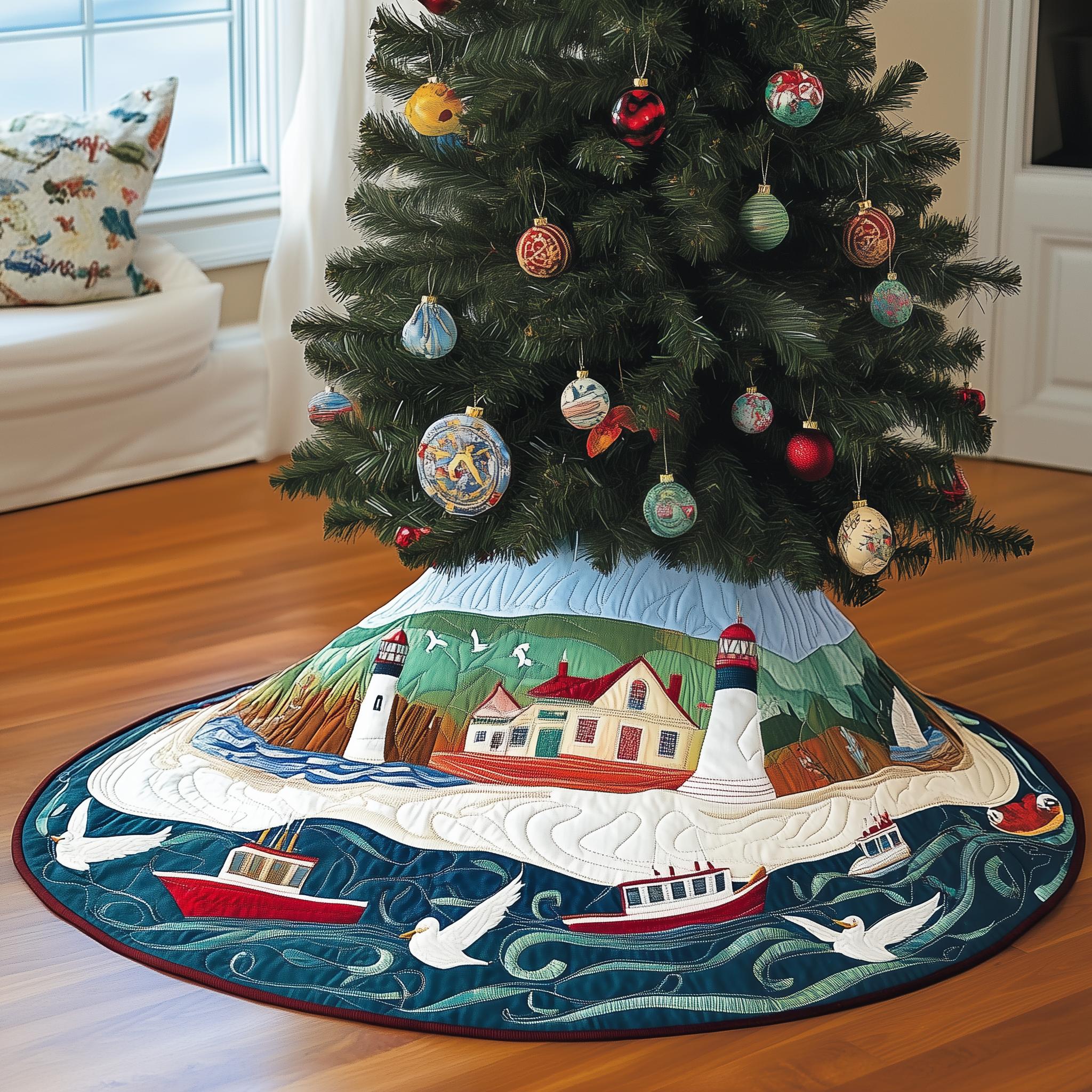 Christmas Coastal Quilted Tree Skirt Xmas Under Tree Decoration Seasonal Tree Area Decoration