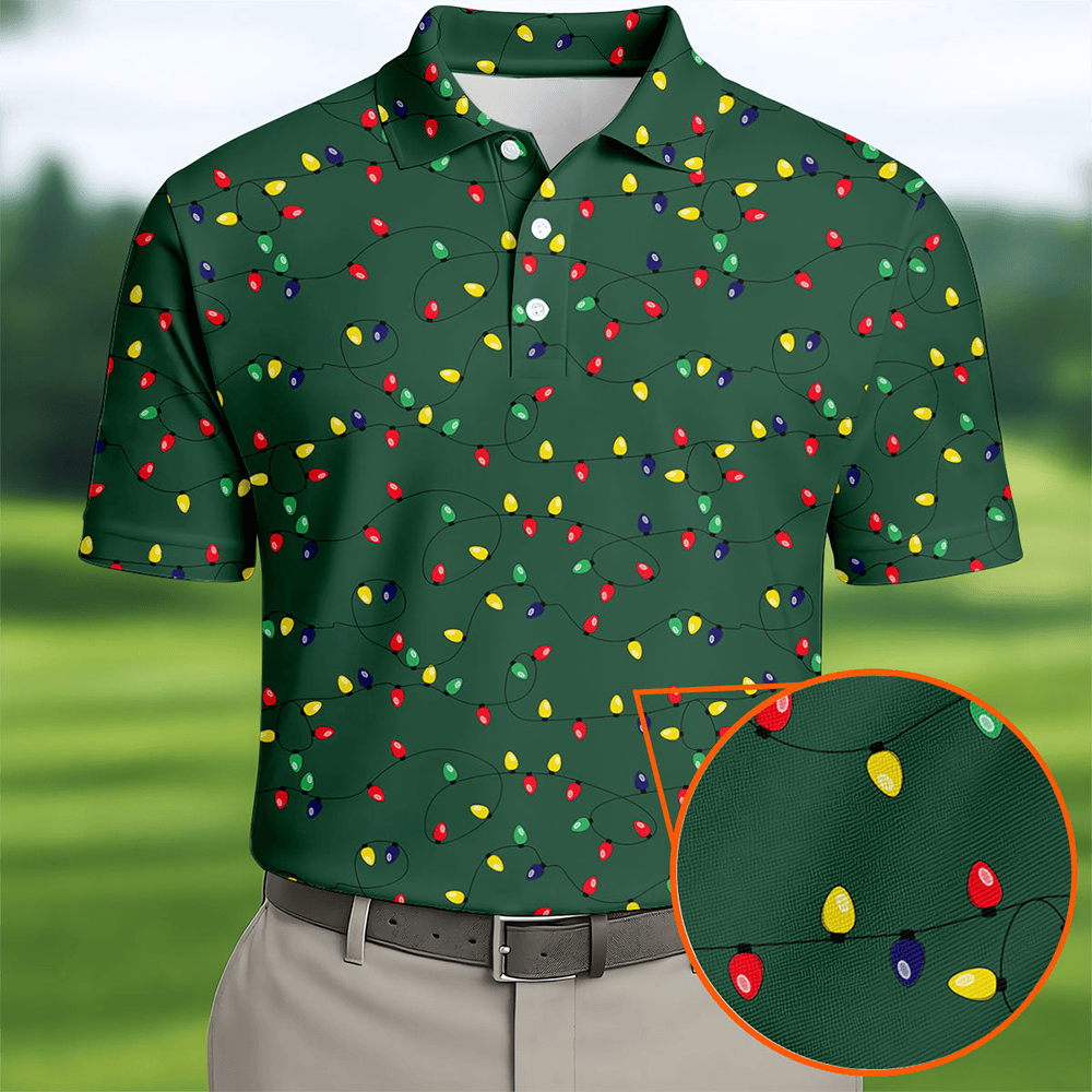 Christmas Colorful Lights Green Golf Shirt Christmas Golf Shirt Polo Shirts For Men Golf Gift For Men