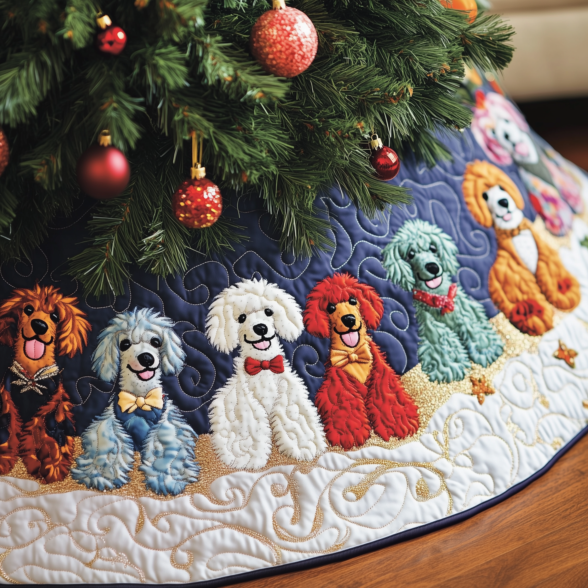 Christmas Colorful Poodle Quilted Tree Skirt Charming Thanksgiving Gift Merch