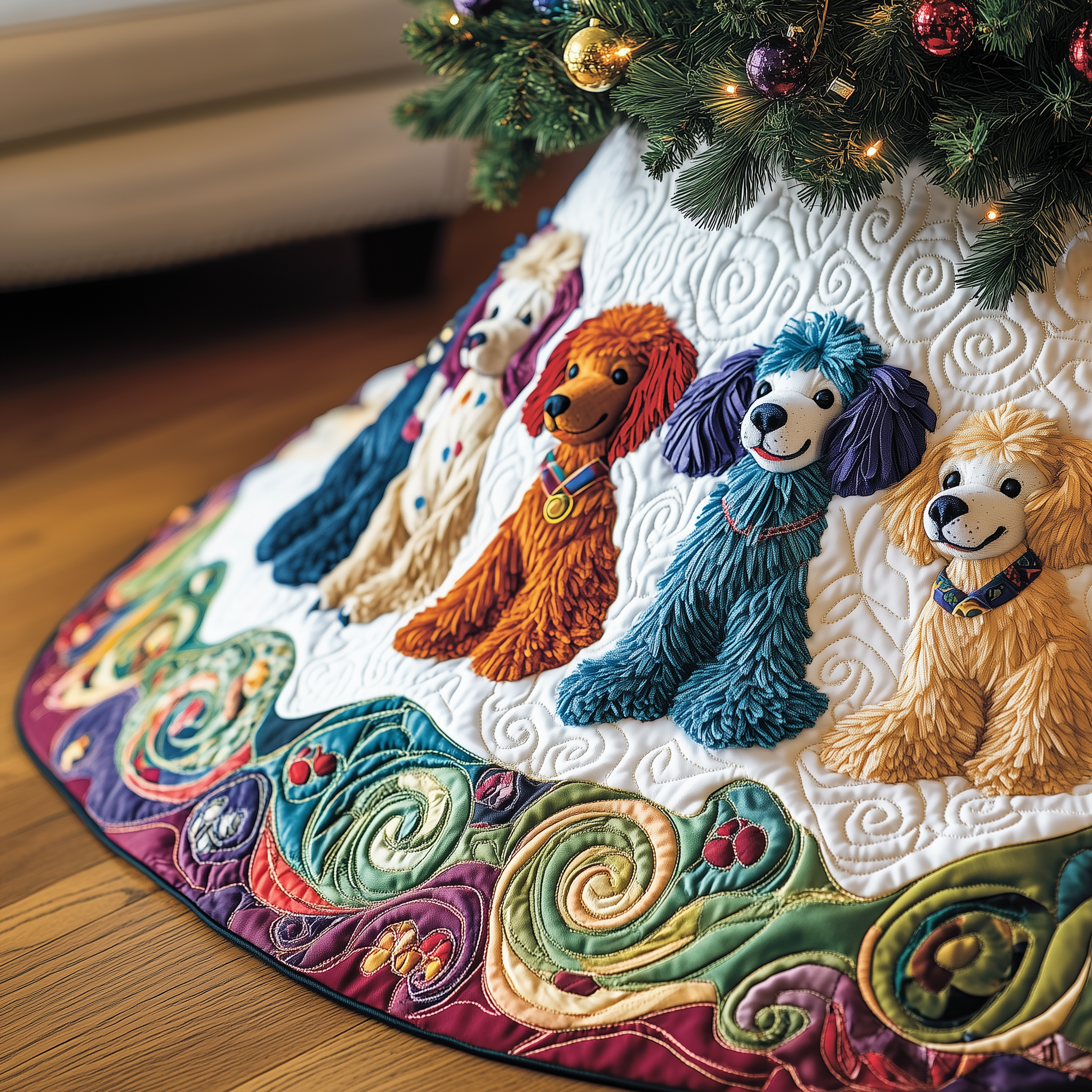 Christmas Colorful Poodle Quilted Tree Skirt Heartfelt Gift Merch For Mom