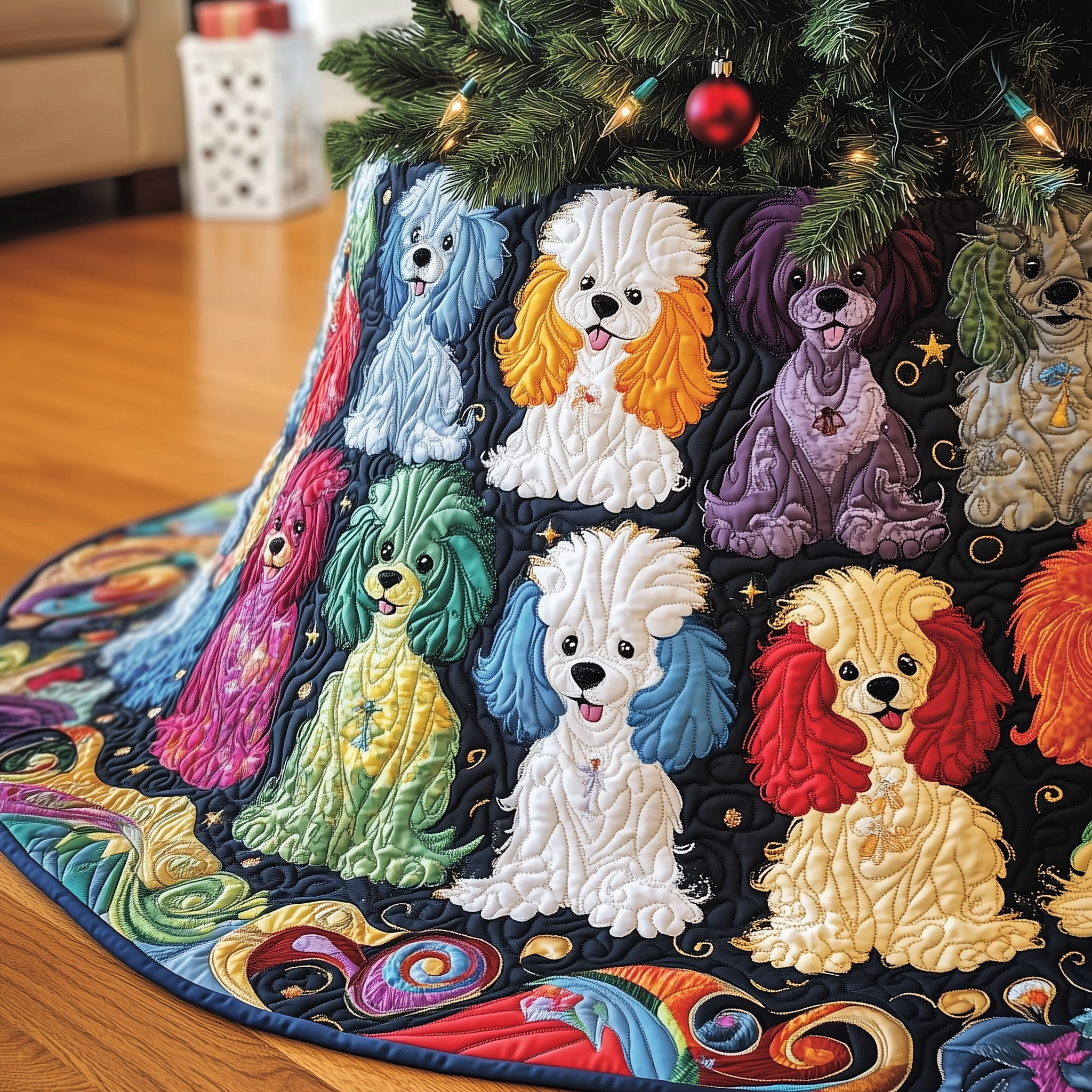 Christmas Colorful Poodle Quilted Tree Skirt Joyful Holiday Season Gift Merch