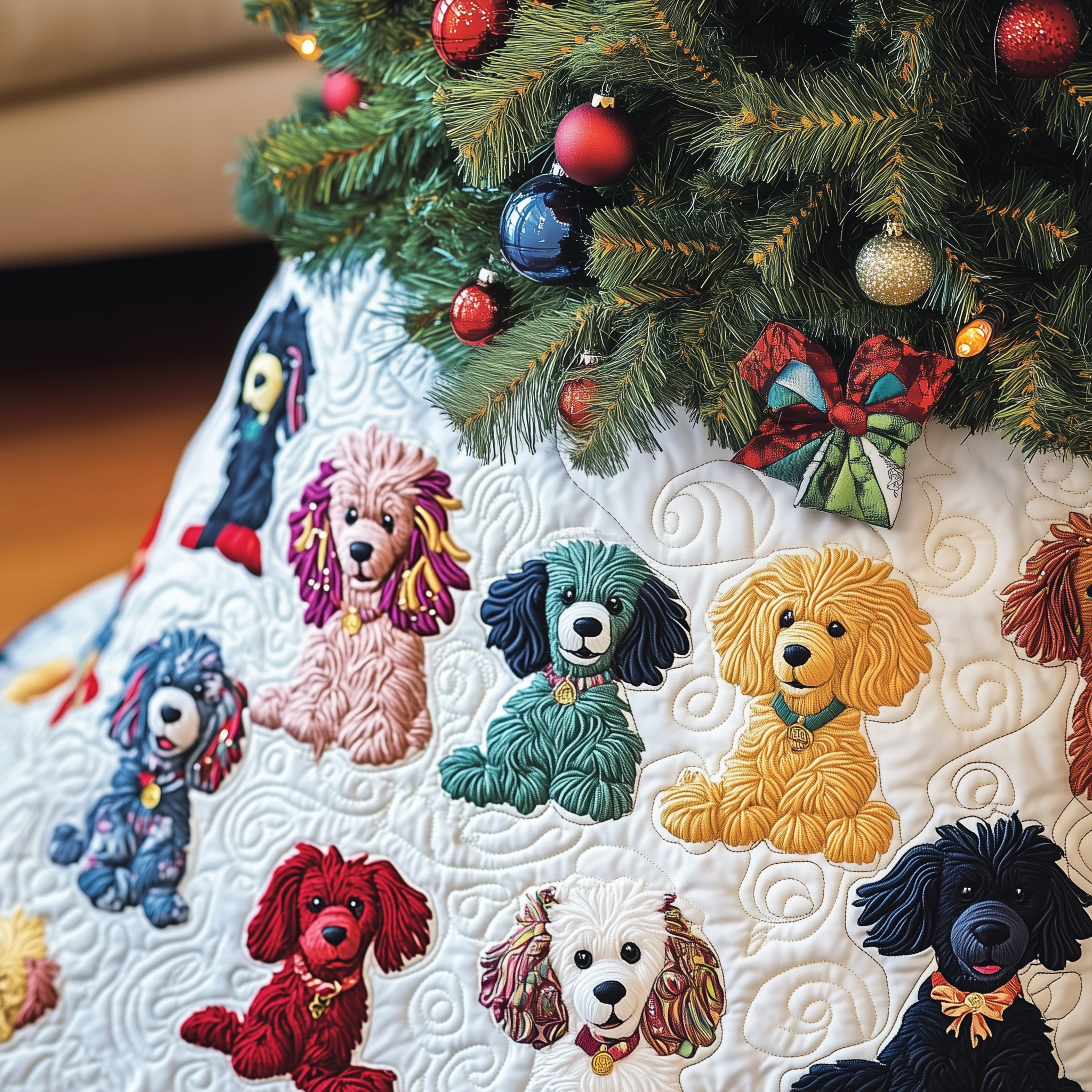 Christmas Colorful Poodle Quilted Tree Skirt Meaningful Anniversary Gift Merch